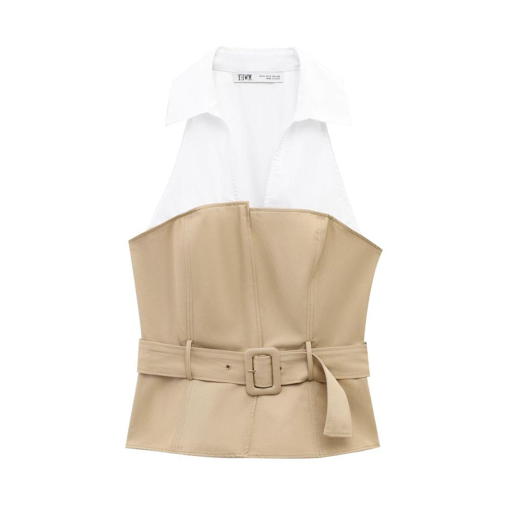 Women's Spring 2025 Belted Turn-Down Collar Sleeveless Wrap Top