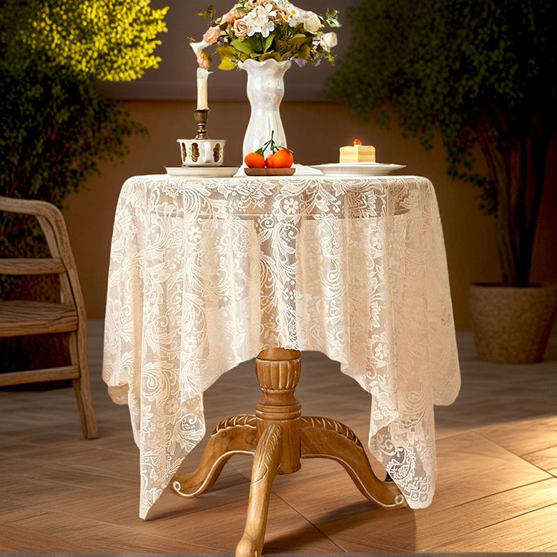 Elegant French White Lace Tablecloth - Solid Polyester, Round/Rectangular/Square Options for Dining and Coffee Tables, Perfect for Home Decor