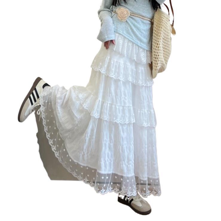 White lace splicing skirt women's spring and autumn summer new high waist and thin big pendulum cake skirt long skirt