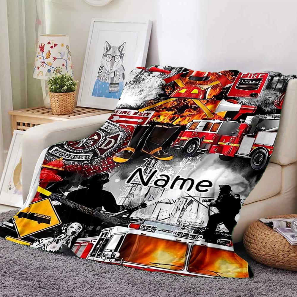 Custom Name fire truck Theme Printed Blanket - Perfect for Couch, Bed, Travel & Outdoor Use | Machine Washable, Cozy & Durable.