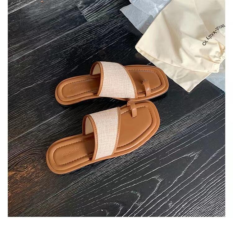 

Casual square toe straw splicing flat-soled slippers women s sandals 35 чёрный