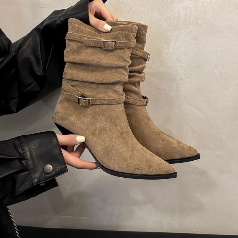 

Fashion Pleated Thin Folio Single Boots Autumn New Pointed Toe Sleeve Metal Buckle Anti-Slip Wear-Resistant Short Cylinder Stack Boots 35 хаки