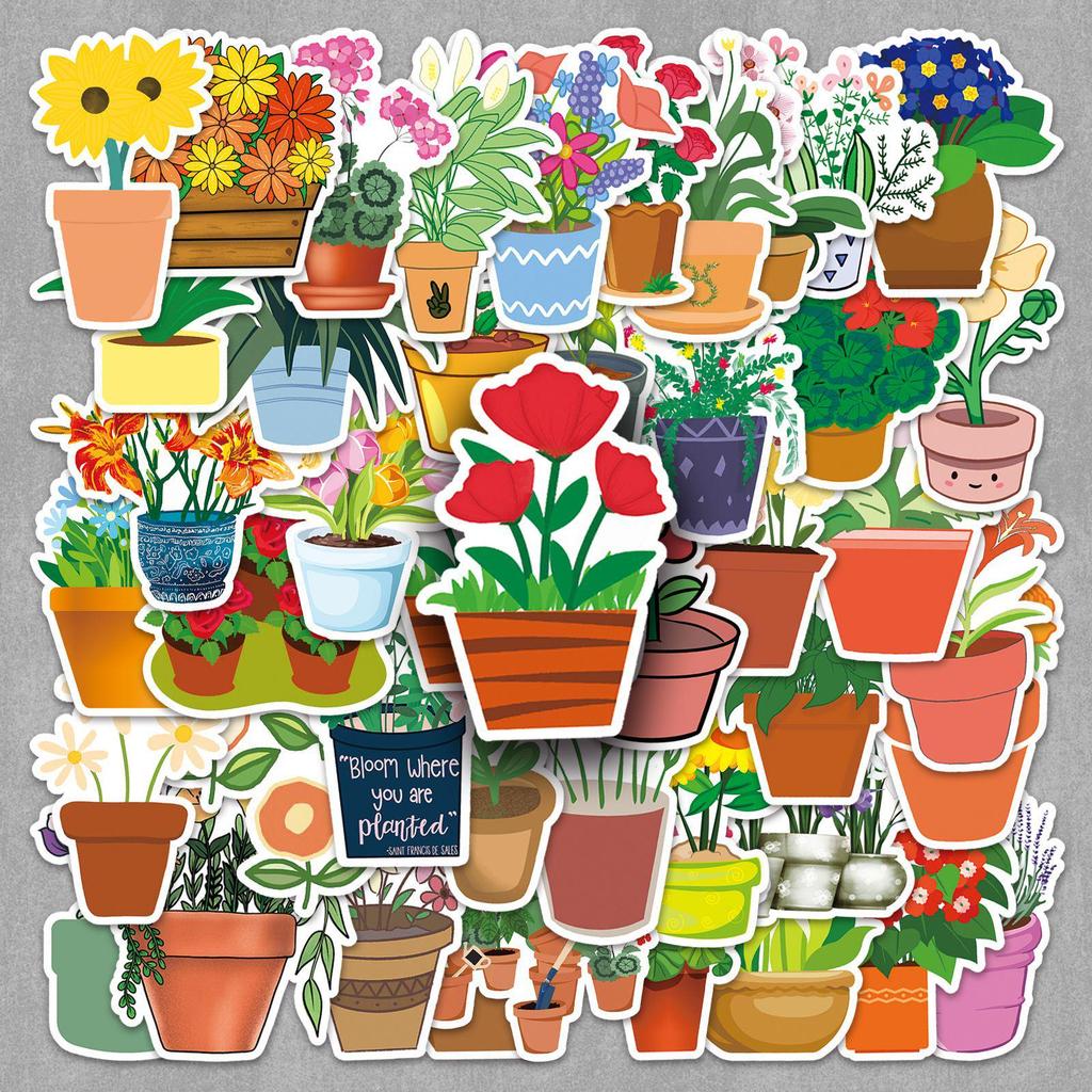 50 Sheets Flower Plant Stickers Cartoon Style for DIY Graffiti, Journals & Tablets