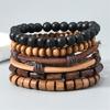 Set of 5Pcs Wooden Bead Coconut Shell Bracelet Elastic Stretch Cord Wristlet Multilayer Adjustable Retro Jewelry Gift