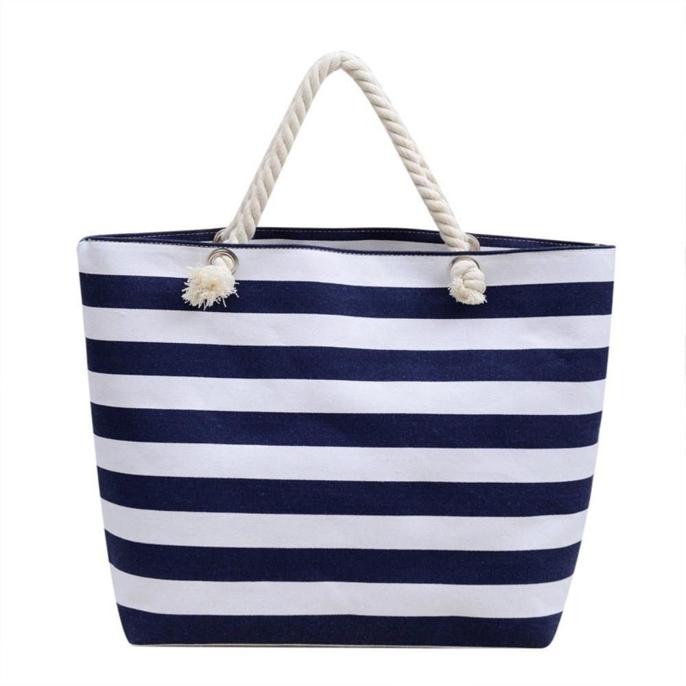 Striped Beach Tote Bag Large Capacity Foldable Travel Handbag Zipper Canvas Shoulder Bag For Travel Work Beach Gym Store