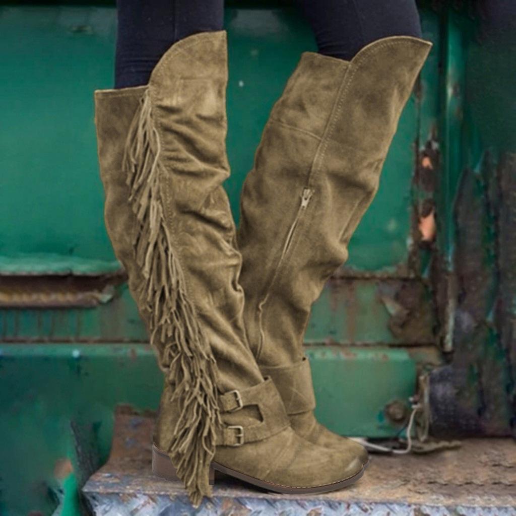 Dames Retro Vetersluiting Lange Laarzen Franje Vintage Knie Vetersluiting Lange Laars Vrouw Winter Mode Katoen Warm Sneeuwschoenen Met Kwastje