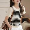 Women's Clothing Real Shot Spring and Summer New Splicing Chiffon Short-sleeved Striped Women's Fake Two-piece Crew Neck Knitted Sweater