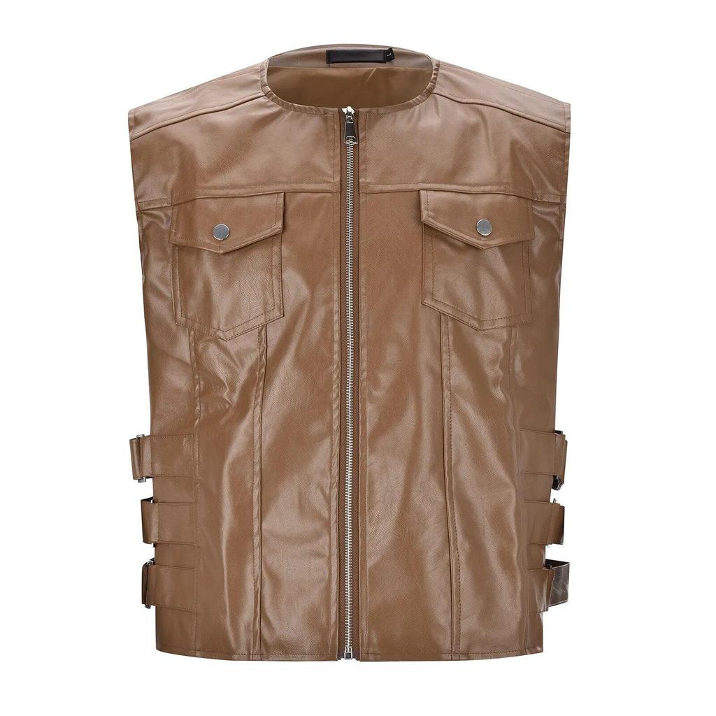 Vest for Men Men Punk Leather Vest Gothic Side Hollow Out Motorcycle Zipper Jacket Performance Costume Sleeveless Loose Waistcoat Winter Coat