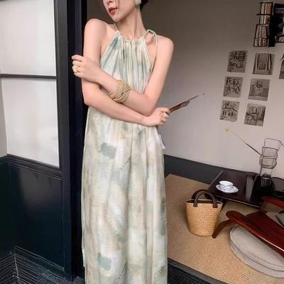 New Sleeveless Ink Smudge Printed Neck Dress for Women In Summer Sanya Beach Vacation Beach Skirt