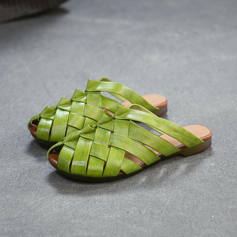 Johnature Genuine Leather Woven Breathable Peep Toe Flat Slippers Casual And Versatile Women's Slip-on Shoes