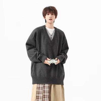 Men's Retro V-Neck Knit Polo Sweater - Two-Piece Look, Loose Fit, Long Sleeves, Autumn/Winter Style