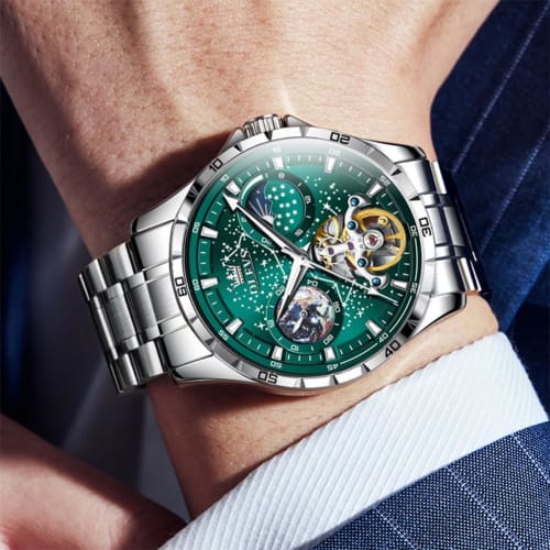 OLEVS Pánské automatické mechanické hodinky Starry Sky Dial Kožený řemínek Vodotěsné pánské hodinky Black