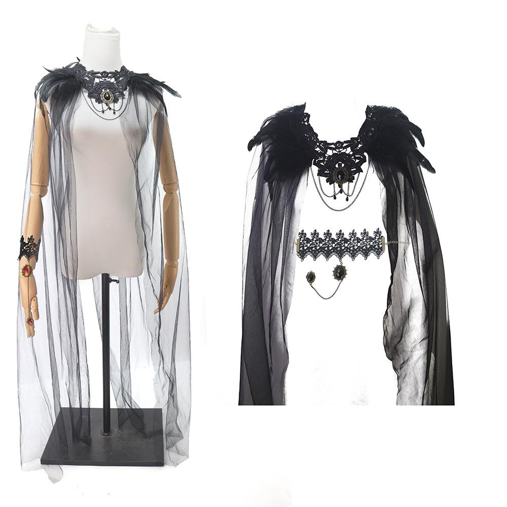 Halloween Cloak Black Feather Mesh Cloak Medium Dress Jewel Bracelet Stage Party Dance