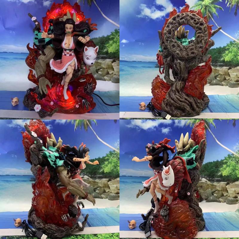 Demon Slayer Nezuko Wächter GK Figur Mutierte Kamado Doppelkopf Skulptur Siebenfarbige Leuchtende Anime Statue Schreibtischdekoration Geschenk Spielzeug