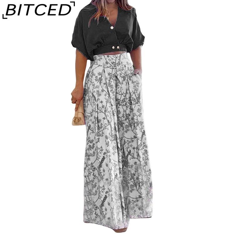 BITCED Summer Set Shirt Top with V-Neck Fashion Print Wide-Leg Trousers Stylish Set