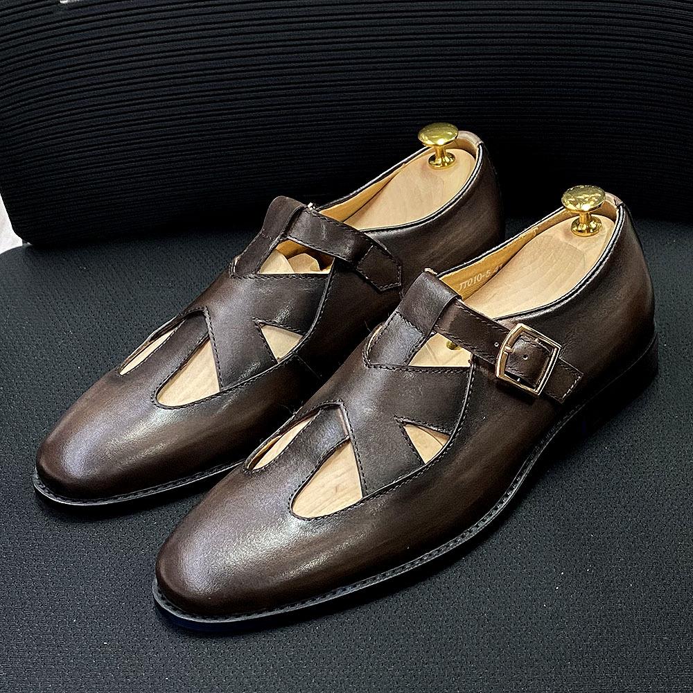 Summer Sandals Men'S First-Layer Cowhide Leather Hollowed-Out Men'S Shoes Flat-Soled Single Shoes Daily Breathable Leather Shoes Men, Customized