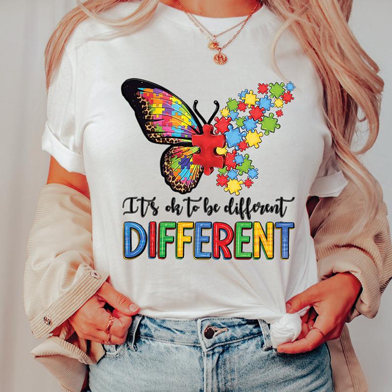 Its Okay To Be Different Autism Butterfly Shirt for Women Butterfly T-shirt Autism Acceptance Tshirt Short Sleeve Graphic Tops