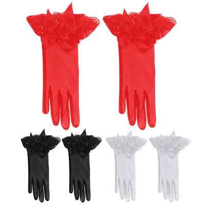 Evening Party Women Bridal Wedding Prom Lace Trim Bowknot Finger Short Gloves