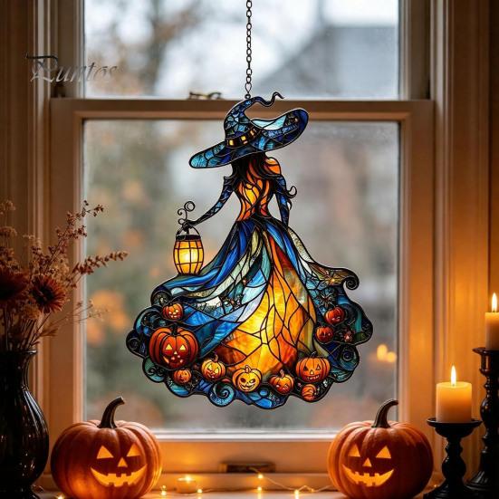 Decorative Chain Hanging Witch Acrylic Suncatcher, Stained Glass Effect Window Car Ornament, Gothic Scary Art with Pumpkin Lantern Sun Catcher