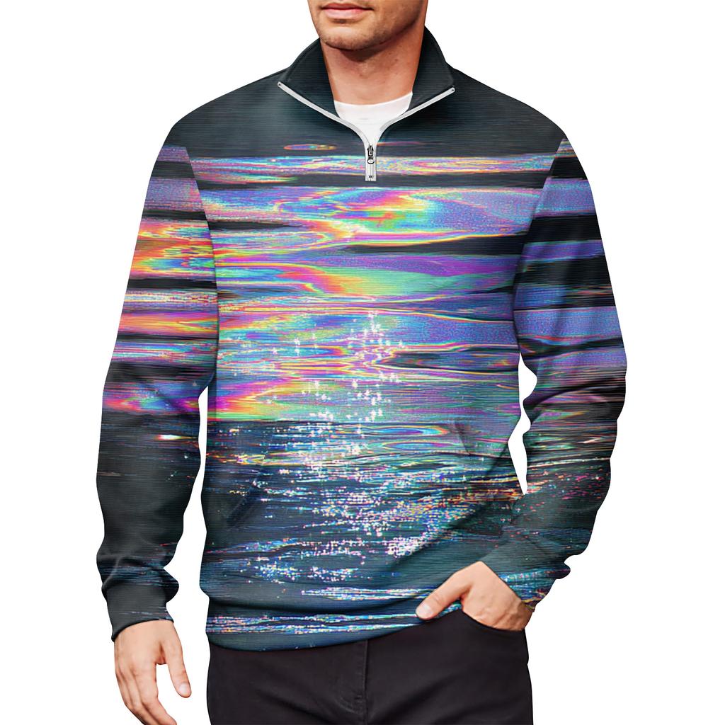 Men's Loose Casual 1/4 Zip Sweatshirt Fashion Printed Long Sleeve Top With Pockets