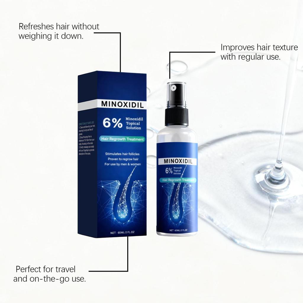 Minoxidil 6% Roztwór Topicalny - Serum na porost włosów dla przerzedzonych włosów, Szybko działający spray na odrastanie włosów dla mężczyzn i kobiet