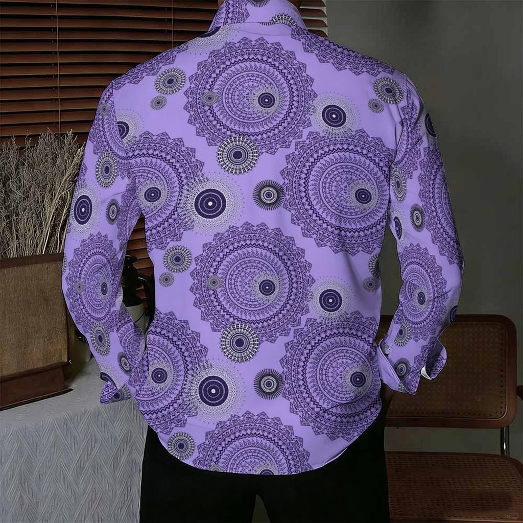 Men Collared Shirt Multicolor Vintage Paisley Diamond Floral Print Long Sleeve Button Down Top