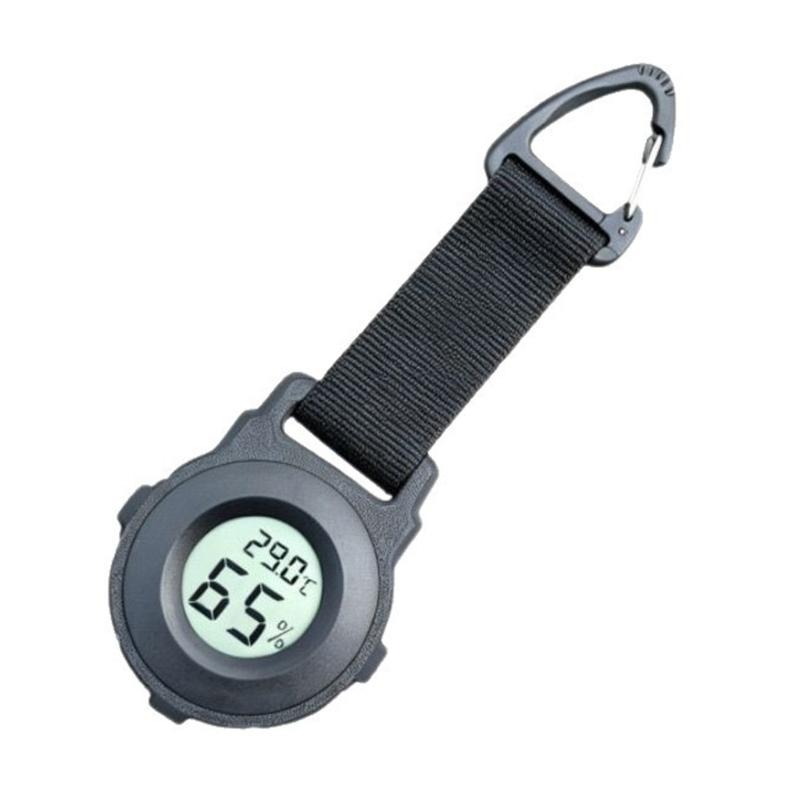 Rundes Luftmessgerät für Campingausrüstung, Transport und Pausen am Wegesrand, Digitaler Temperatur- und Feuchtigkeitsmesser mit Karabinerhaken und Display-Bildschirm 1 schwarz