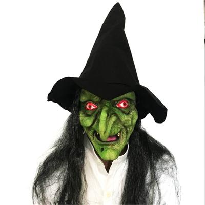 Scary Old Witch Head Mask Long Hair Mask for Costumes Green Witch Mask Halloween Latex Wizard Mask with Black Wigs Hat