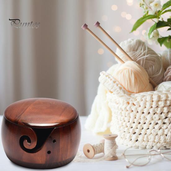 Bol de fire personalizat pentru croșetat Suport de croșetat personalizat din lemn de tricotat cu capac Organizator de depozitare multifuncțional pentru artizanat Cadouri realizate manual pentru