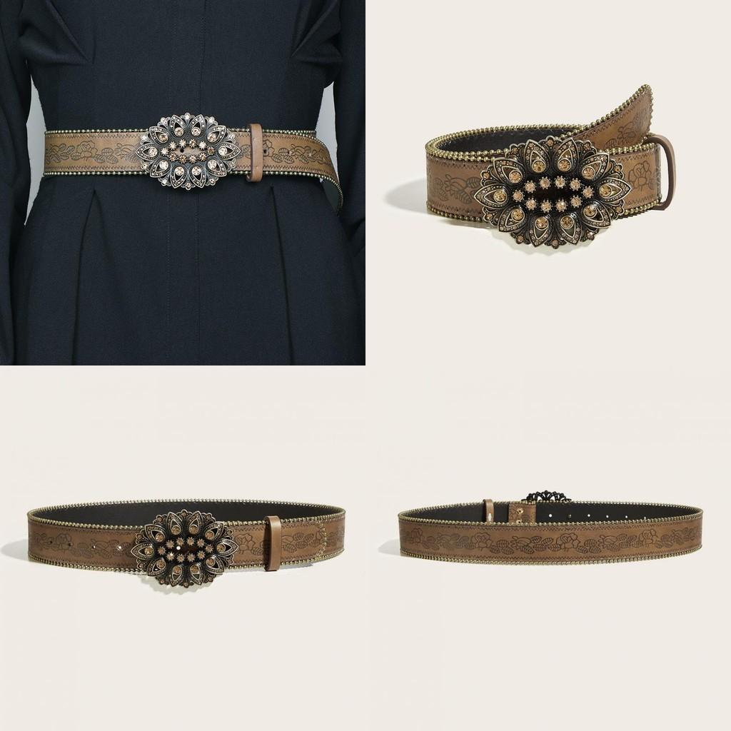 Petal Style Retro Leather Waist Belt Alloy Buckle Streetwear Look Decoration