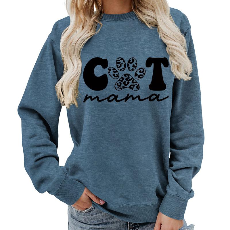 Women's Fashion Round Neck Long Sleeve Colorful Cat  Letter Top Sweatshirt