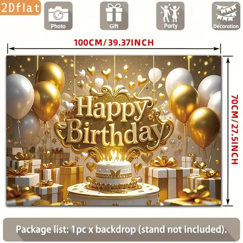 2D Shiny Gold Glitter Happy Birthday Backdrop Banner Party Decoration