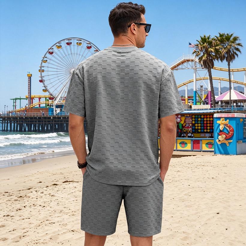 Men Waffle Grid Textured 2 Piece Outfits, Crew Neck Short Sleeve T‑Shirt Drawstring Elastic Waist Shorts Casual Summer Track Suit Set Multiple Colors
