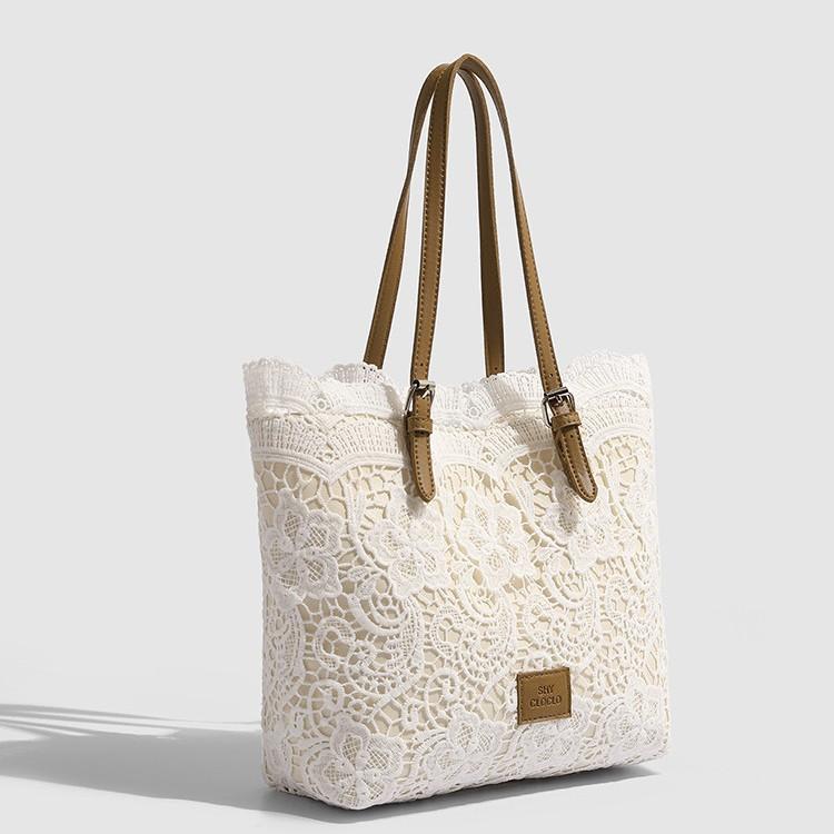 Bolsa Tote de Renda Francesa 2026 Feminina Grande Capacidade Bolsa de Trabalho Verão Vazada Mão Ombro Designer Bolsa de Luxo