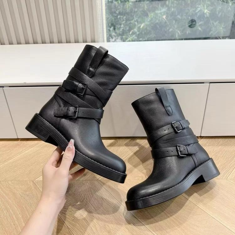 Autumn and winter new retro belt buckle knight boots women's thick heel thick sole leather medium tube strap Martin boots