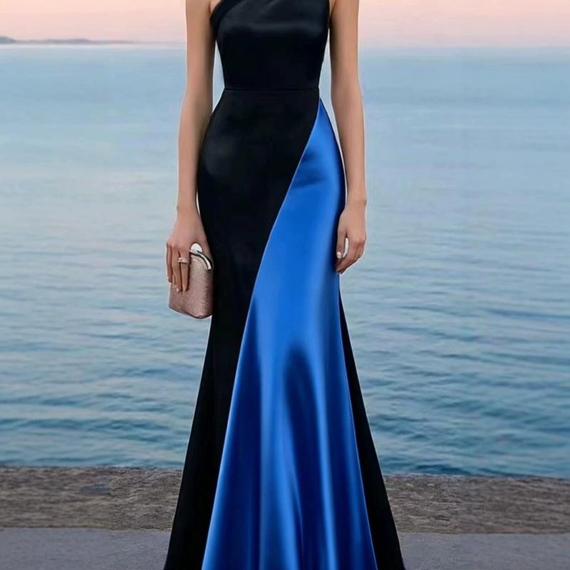 Women's One Shoulder Mermaid Maxi Dress Color Block Fishtail Elegant Evening Party Gown