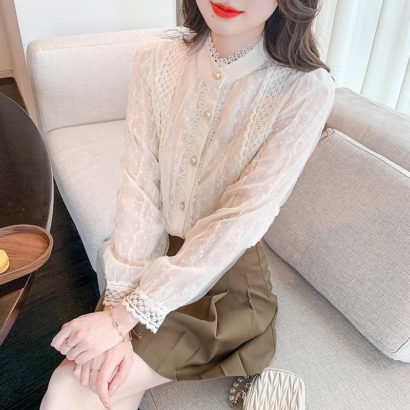Herbstmode Neu 2024 Langarm Stehkragen Aprikosenfarbene Spitze Chiffon Bluse Hemd Damen Oberteile Blusen Hemden J472