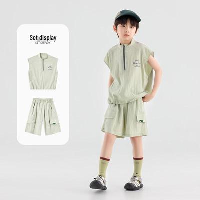 Boy's Zipper Sleeveless T-shirt & Shorts Set
