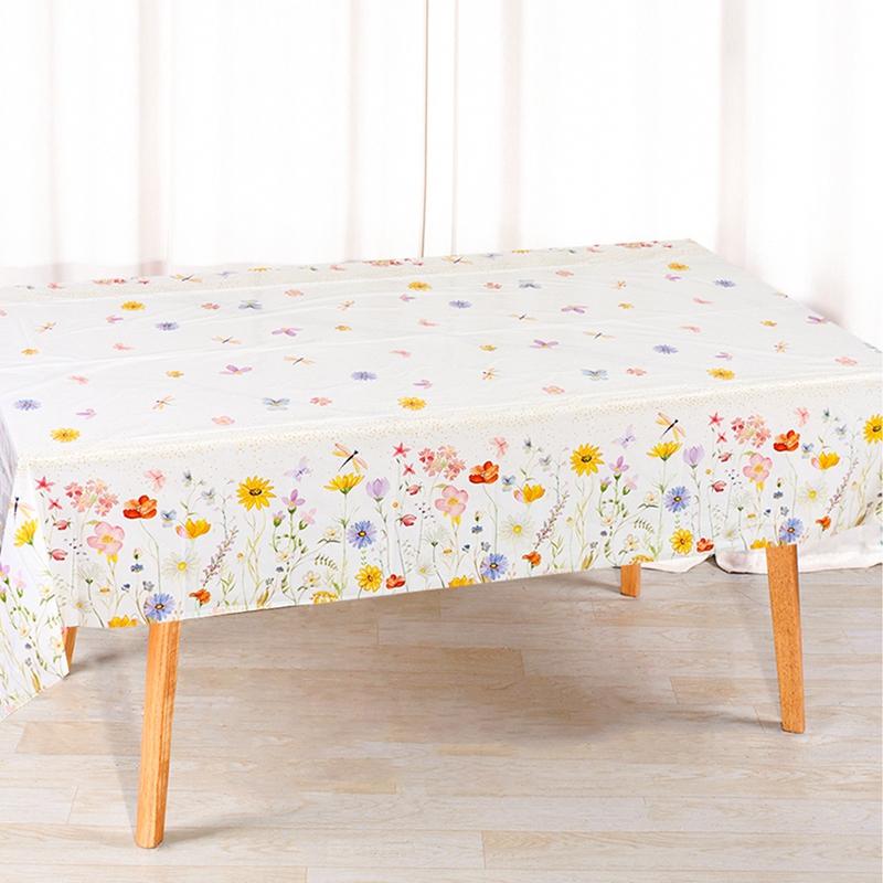 Spring Wildflowers Plastic Tablecloth Floral Grass Tablecover for Weddings, Mother's Day, Birthdays, Seasonal Spring Party Decor