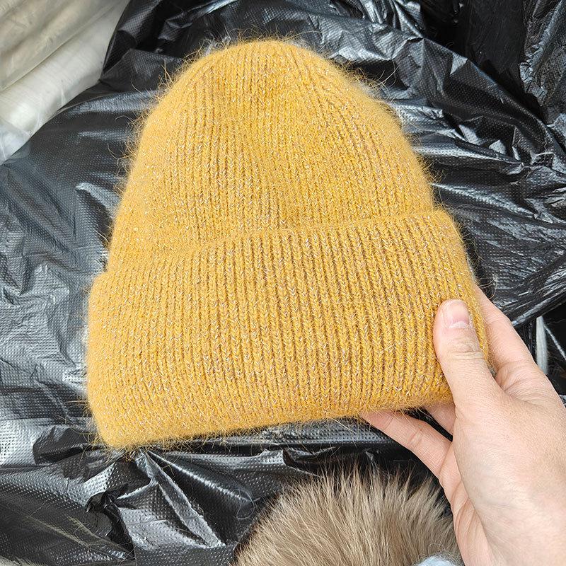 Winter Hats For Women Rabbit Fur Shiny Knitted Beanie Baggy Caps Korean Style Sweet Simple Bonnet Solid Color New
