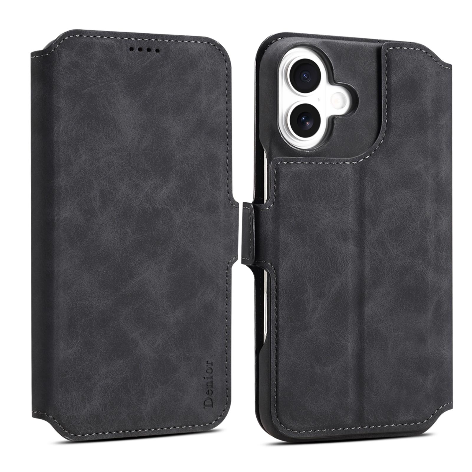 

DENIOR B07 Чехол для iPhone 16 Кожа+ПК Магнитный Съемный Кошелек Чехол для Телефона Black