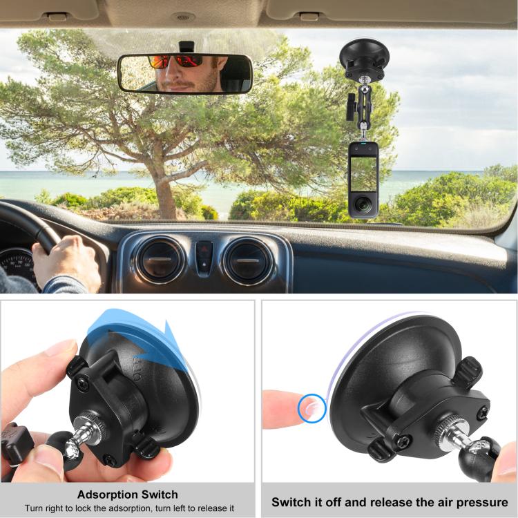PULUZ Black Upgraded 1/4‑Inch Magic Arm Suction‑Cup Mount, 360° Dual Ball‑Head Vacuum Suction Bracket for Action Cameras