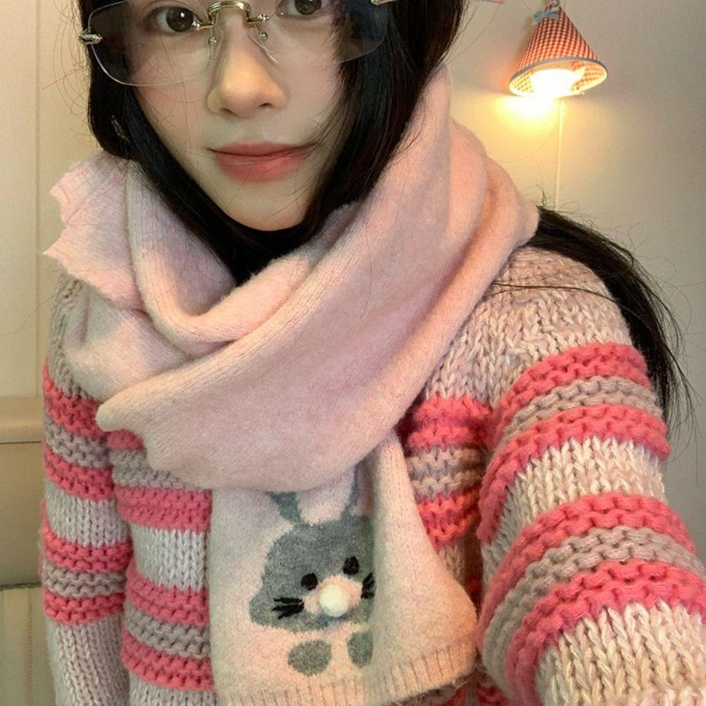 Colorful Cashmere Knitted Scarf Sweet Winter Neck Warmer Cartoon Embroidery Scarf  Autumn Winter