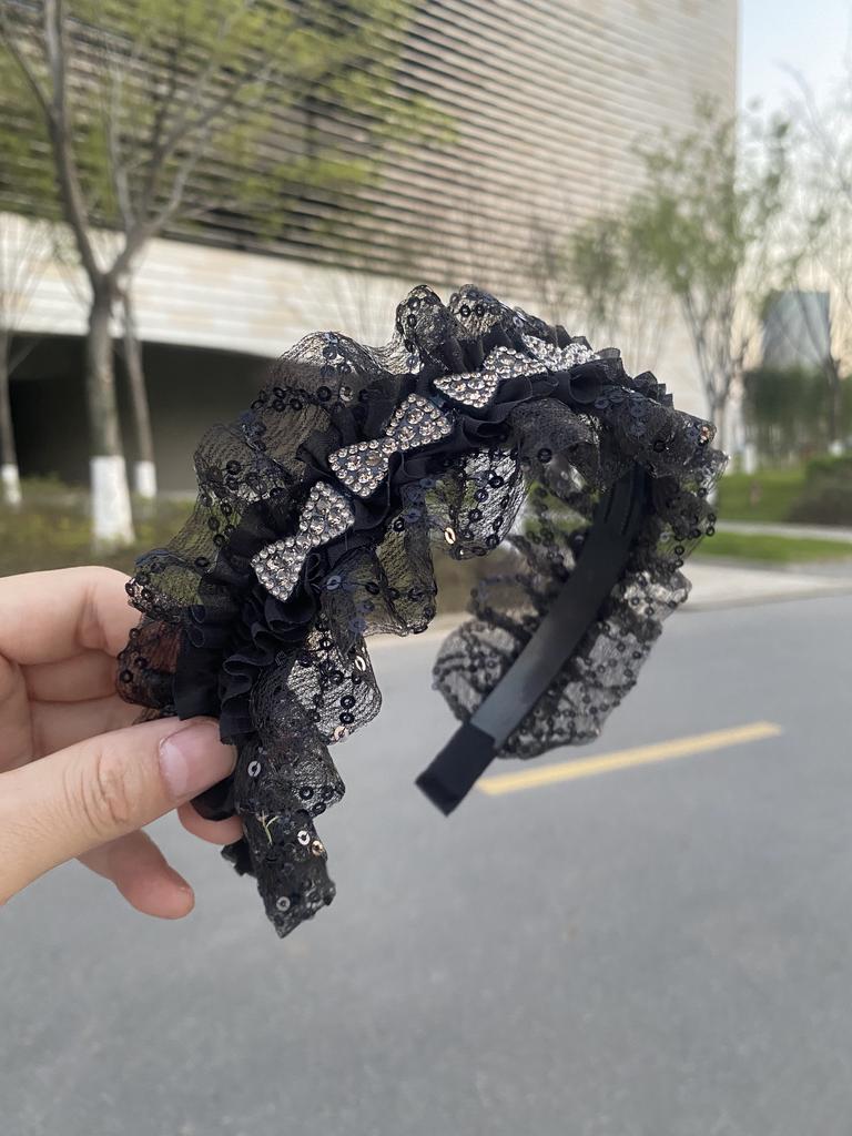 Modisches High-End-Stirnband mit Schleife und Zähnen, rutschfest, schlichter Kopfschmuck, Stirnband aus Spitze und Mesh, vielseitige Strasssteine