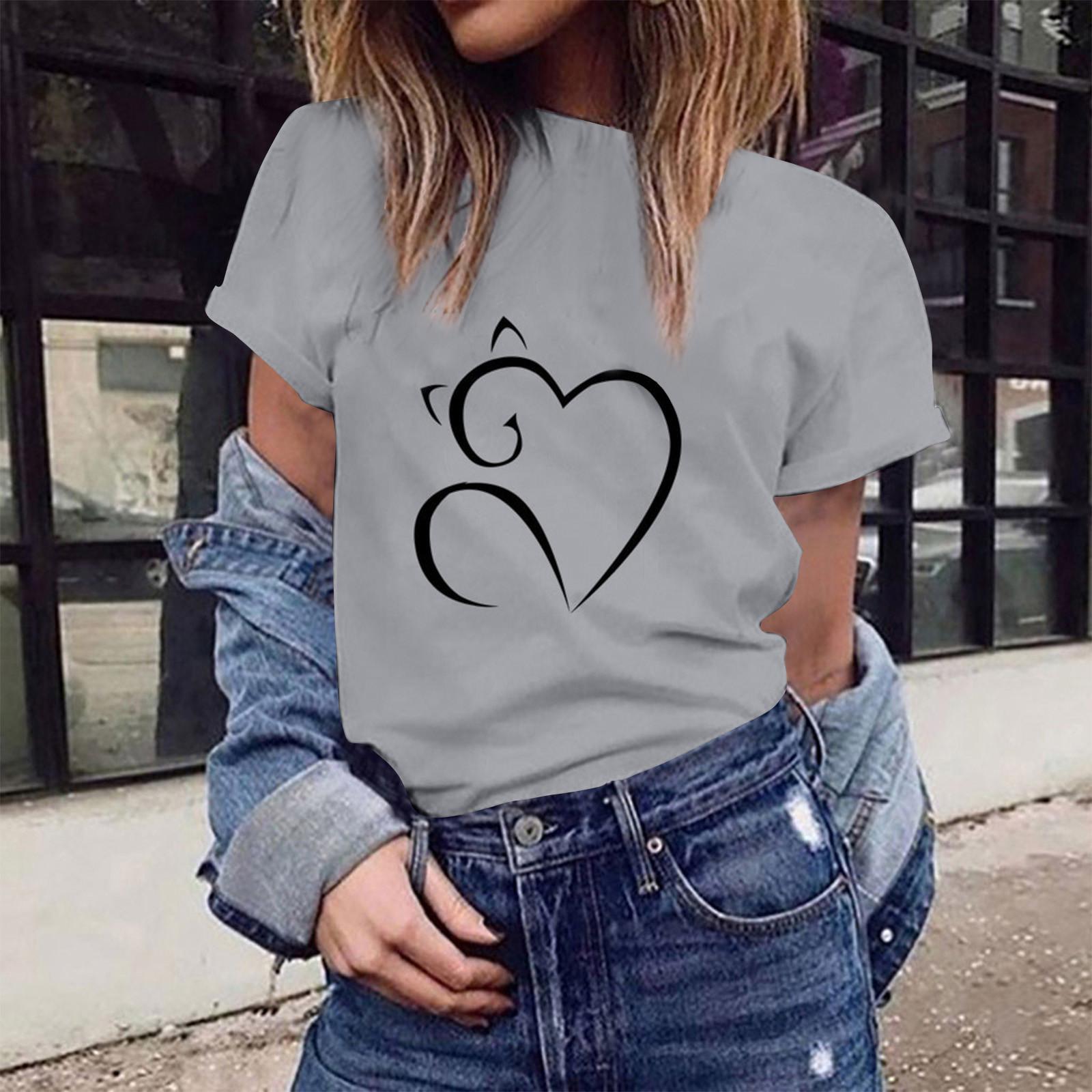 Ladies Fashion Round Neck Pullover Short Sleeve Casual T-shirt Love Print Top L