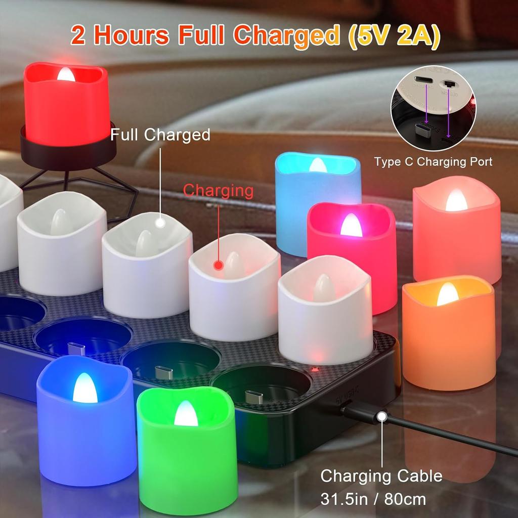PChero Flameless Candles with Remote Timer & Charging Station, 12 Pack USB Rechargeable RGB LED Tea Lights Colored Color Changing Battery Votive