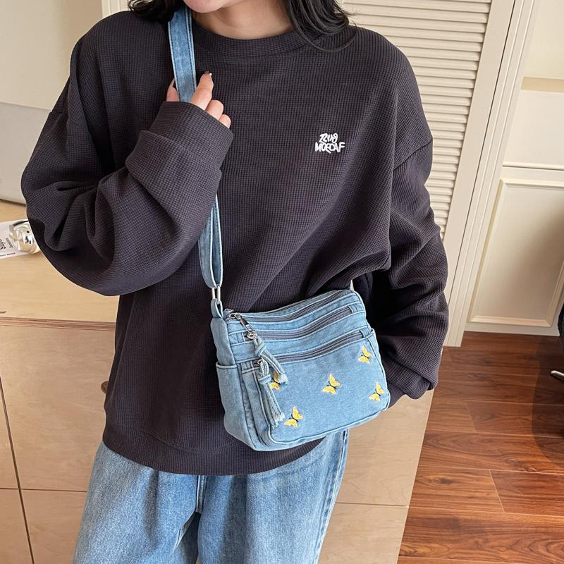 Denim Crossbody-Tasche mit Schmetterlingsstickerei Mehrschichtige Handytasche Damen Kleine quadratische Tasche