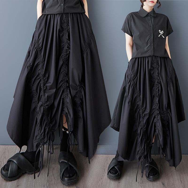 Dimanaf 2025 Summer Women New Skirts Plus Size Solid Elastic Waist Pleated Elegant Black Skirts