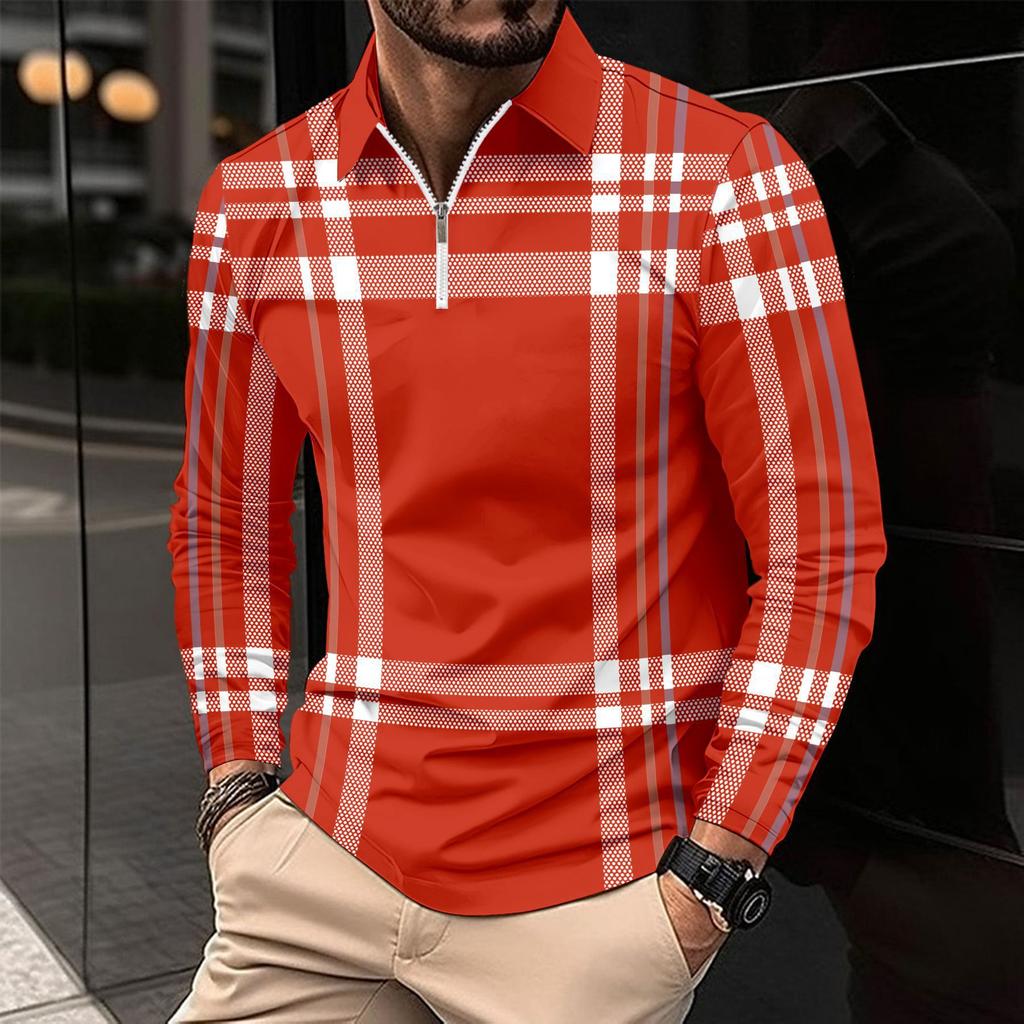 Stylish Men's Long Sleeve Plaid Zip Polo Shirt, Casual Fashion Top
