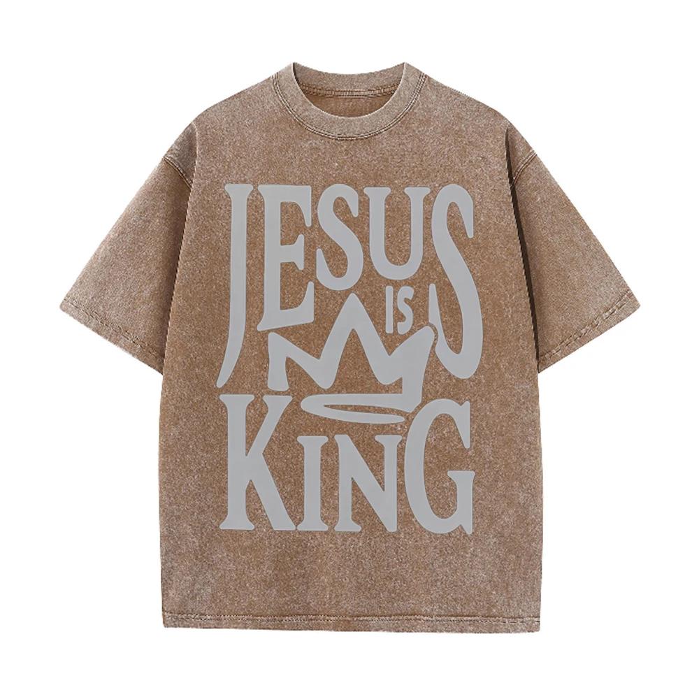 2026 Jesus Is King Crown Letter Graphic Black Acid Washed T Shirt Christian Faith Casual Oversized Unisex Short Sleeve Streetwea